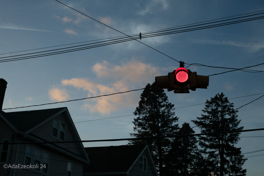 A stop light in the dusk