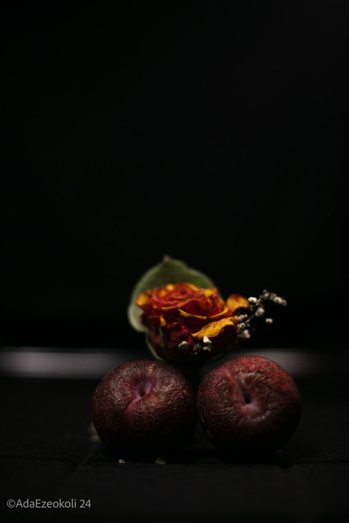 A rose and two shriveled plums