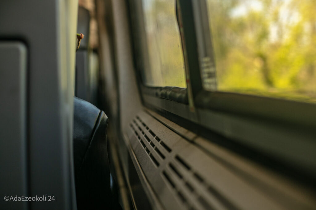 A passenger with glasses looking out the window