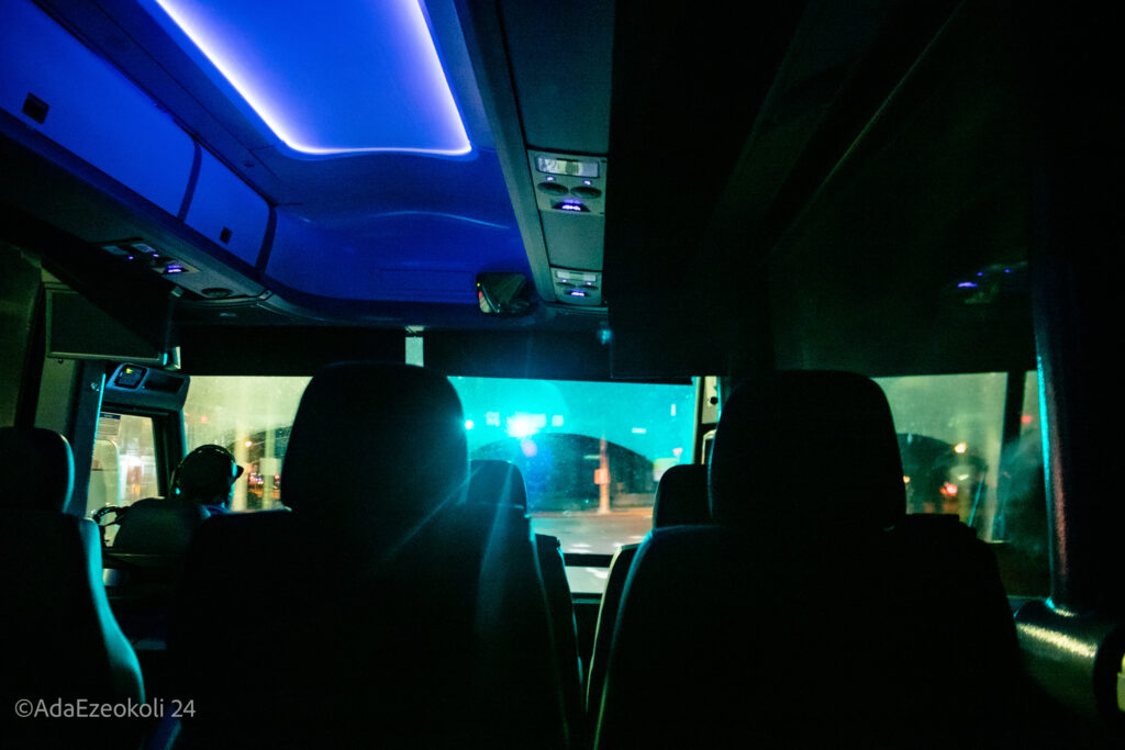 Interior of a bus in the early morning