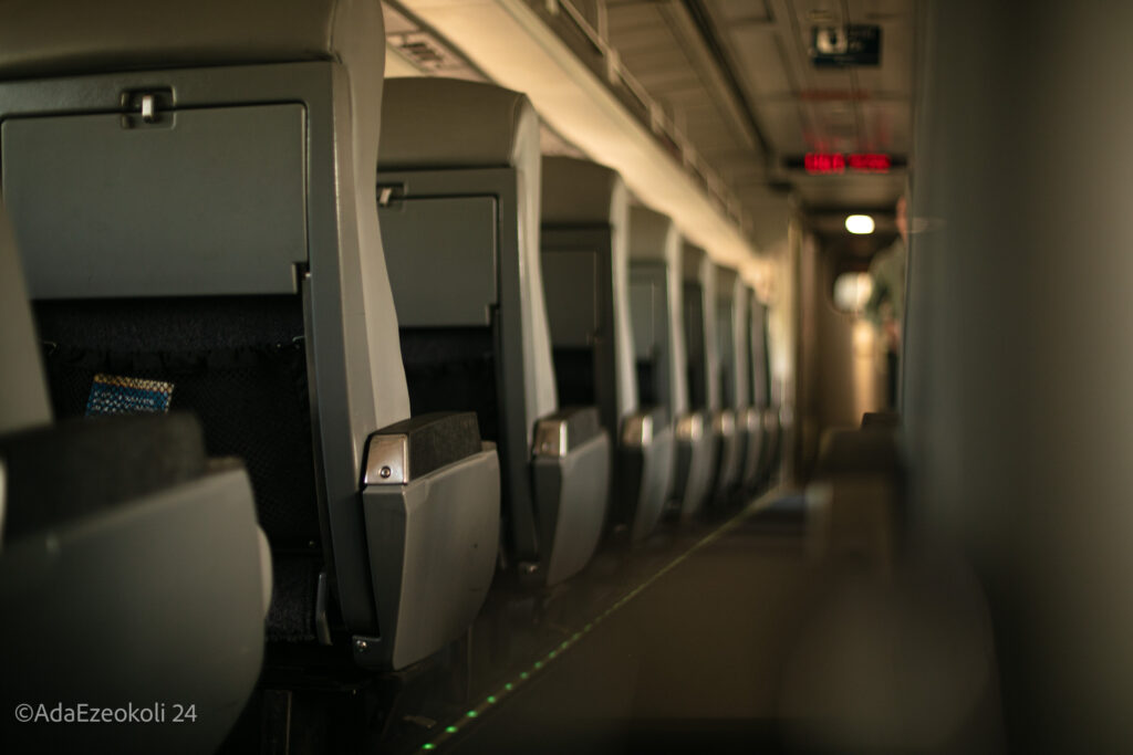 Interior of a train showing the train seats
