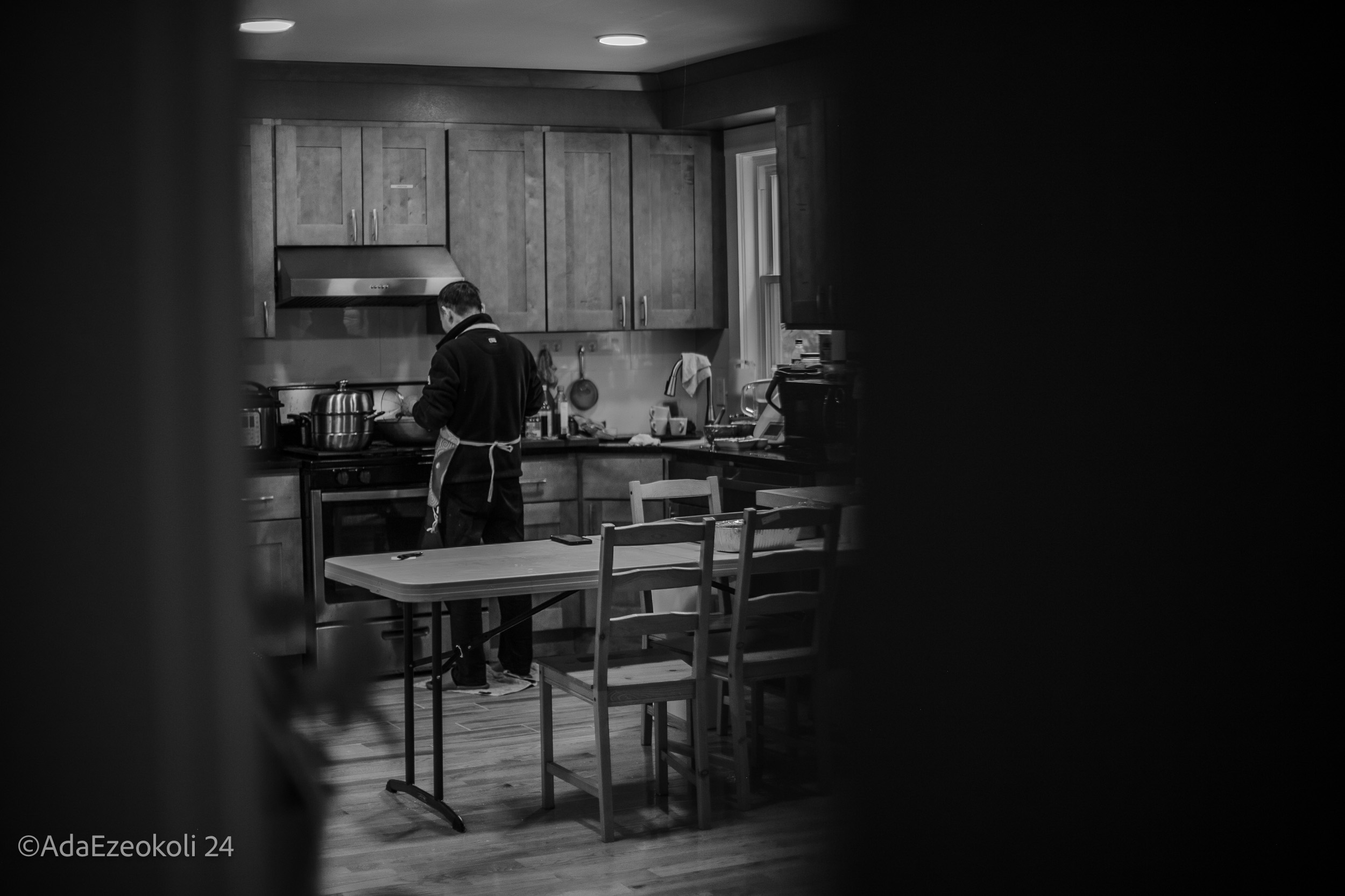 An Asian man wearing an apron cooking in a kitchen with his back to the camera